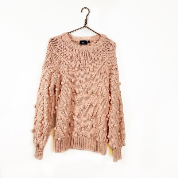 Vici Womens Small Blush Pink Pom Pom Chunky Knit Oversized Sweater - Picture 2 of 6